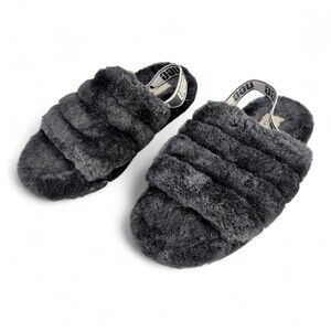 UGG Fluff Slide Kids Fuzzy Slippers Black Size 4 (Big Girl)